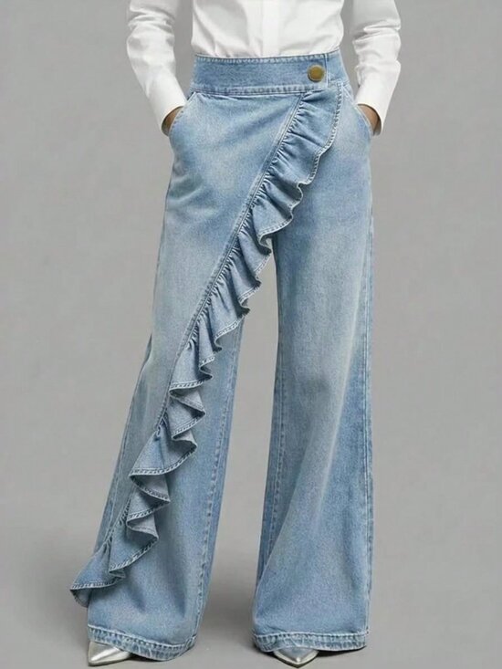 MODA ME COUTURE Denim - Light Blue Casual Women's Washed ruffle detailed Mid-Waist Straight Leg Jeans
